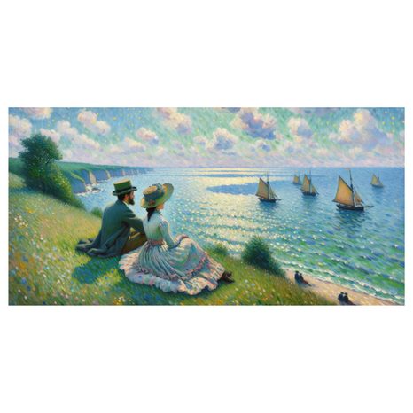 QUADRO SU TELA – COPPIA CHE OSSERVA LA BARCA A VELA - QUADRI MARE E SPIAGGIA - STAMPE E QUADRI