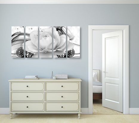 QUADRI 5 PEZZI – ROSE LUSSUOSE IN BIANCO E NERO - QUADRI BIANCO E NERO - STAMPE E QUADRI