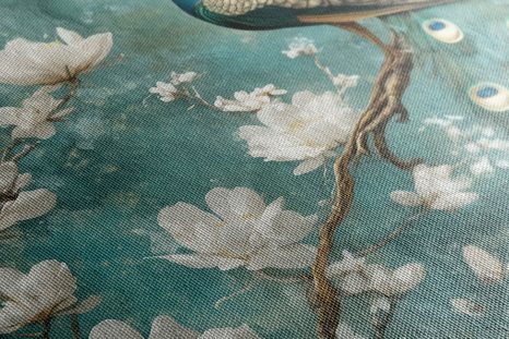 TABLOU PĂUN ÎNCONJURAT DE FLORI ALBE - TABLOURI PĂUNI - TABLOURI