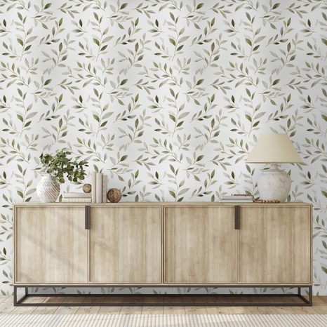 TAPETE ZARTE OLIVENBLÄTTER AUF GRAU - TAPETEN BLÄTTER - TAPETEN