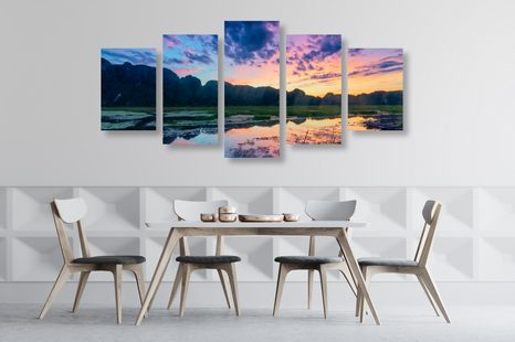 5-DÍLNÝ OBRAZ ROMANTICKÝ ZÁPAD SLUNCE V HORÁCH - OBRAZY PŘÍRODY A KRAJINY - OBRAZY