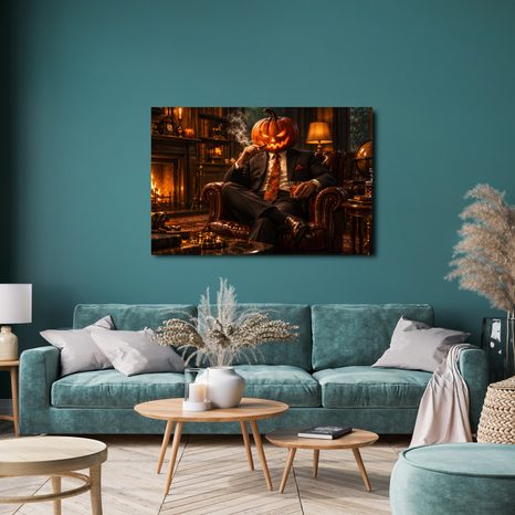 QUADRO SU TELA – GENTILUOMO ZUCCA ACCANTO AL CAMINO - QUADRI HALLOWEEN E HORROR - STAMPE E QUADRI