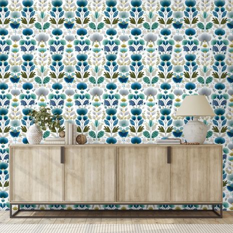 SAMOLJEPLJIVA TAPETA PLAVI CVJETOVI NA BIJELOJ POZADINI - TAPETE S UZORKOM - TAPETE