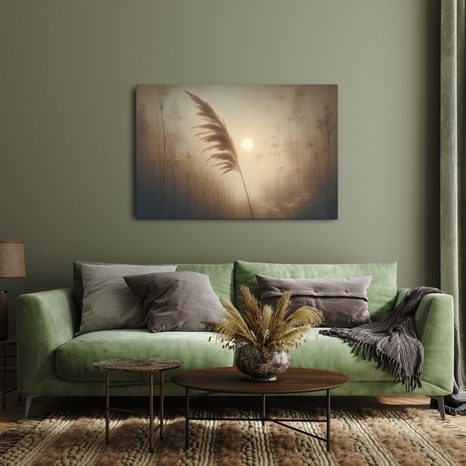 WANDBILD SCHILF IM NEBLIGEN MORGENGRAUEN - BILDER VON SONNENAUFGANG UND SONNENUNTERGANG - BILDER