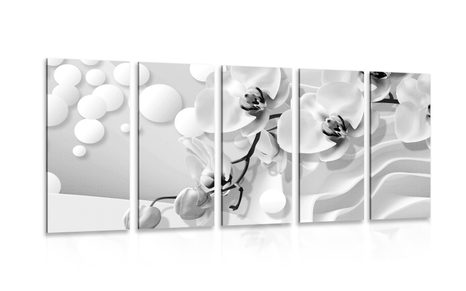 QUADRO IN 5 PARTI ORCHIDEA IN BIANCO E NERO SU SFONDO ASTRATTO - QUADRI BIANCO E NERO - QUADRI