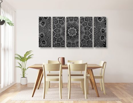 5-DÍLNÝ OBRAZ ORIENTÁLNÍ MANDALA V ČERNOBÍLÉM PROVEDENÍ - ČERNOBÍLÉ OBRAZY - OBRAZY