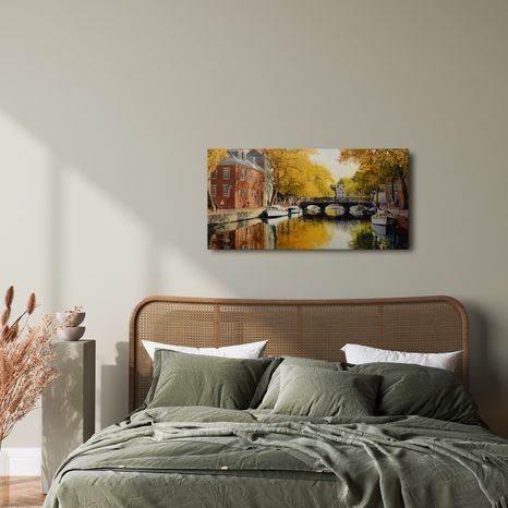 OBRAZ KLIDNÁ PODZIMNÍ ŘEKA S LODĚMI - BAREVNÉ DOMY - OBRAZY