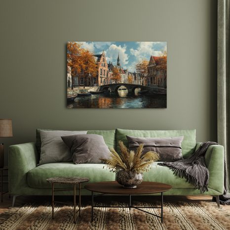 OBRAZ PODZIMNÍ KANÁL S MOSTEM - BAREVNÉ DOMY - OBRAZY
