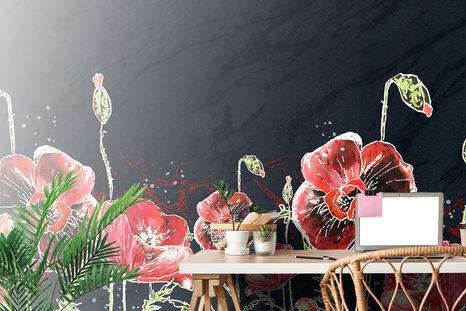 SELBSTKLEBENDE TAPETE ROTE MOHNBLUMEN AUF SCHWARZEM HINTERGRUND - SELBSTKLEBENDE TAPETEN - TAPETEN