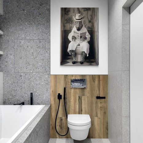 STAMPA SU TELA – ZEBRA CON GIORNALE IN BAGNO - QUADRI DI ZEBRE E GIRAFFE - STAMPE E QUADRI