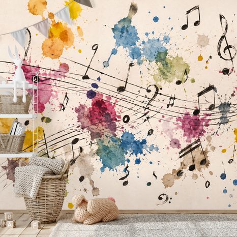 TAPETE BUNTE MUSIKNOTEN UND FLECKEN - MUSIK FOTOTAPETEN - TAPETEN