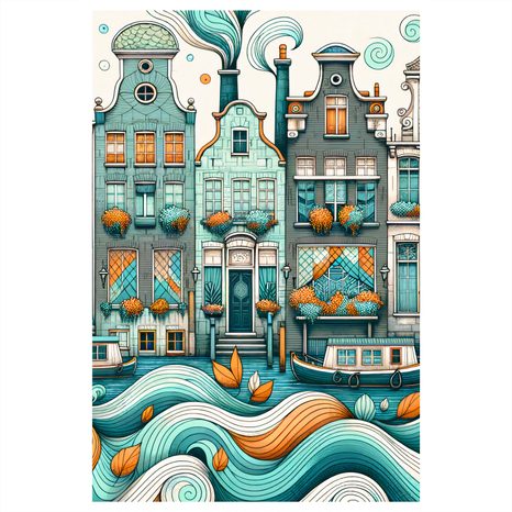 OBRAZ MALEBNÉ FASÁDY DOMŮ U VODY S LODĚMI - PICTURES OF CITIES - PICTURES