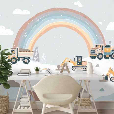FOTOTAPETE MASCHINEN UND REGENBOGENLANDSCHAFT - KINDERTAPETEN - TAPETEN