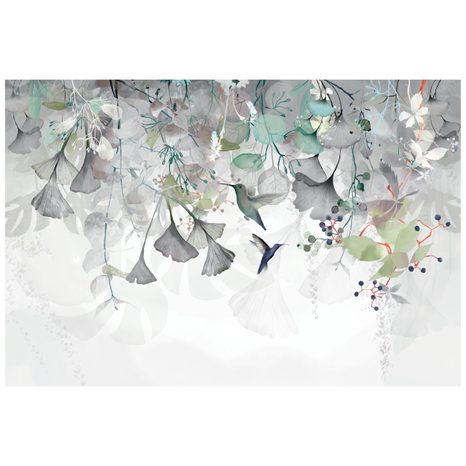 CARTA DA PARATI – FOGLIE CON COLIBRÌ IN VERDE-GRIGIO - CARTA DA PARATI LETTERE - CARTA DA PARATI