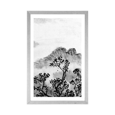 POSTER WITH MOUNT TRADITIONAL CHINESE LANDSCAPE PAINTING IN BLACK AND WHITE - BLACK AND WHITE - POSTERS