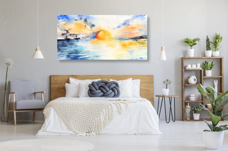 OBRAZ AKVARELOVÉ MOŘE A ZAPADAJÍCÍ SLUNCE - OBRAZY PŘÍRODY A KRAJINY - OBRAZY