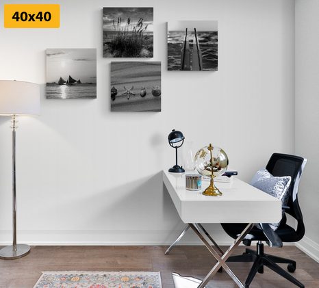 SET OBRAZŮ MOŘE A PLÁŽ V ČERNOBÍLÉM PROVEDENÍ - SESTAVY OBRAZŮ - OBRAZY