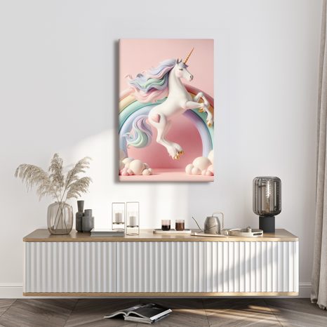 QUADRO SU TELA – MONDO ROSA CON UNICORNO E ARCOBALENO - QUADRI PER BAMBINI ANIMALI - STAMPE E QUADRI
