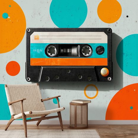 SELBSTKLEBENDE TAPETE RETRO-KASSETTE MIT BUNTEN KREISEN - MUSIK FOTOTAPETEN - TAPETEN