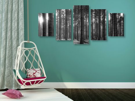 5 RÉSZES KÉP REGGEL AZ ERDŐBEN FEKETE FEHÉRBEN - FEKETE-FEHÉR KÉPEK - KÉPEK