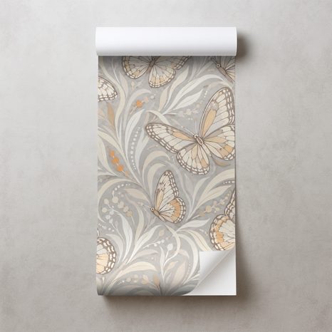 SELBSTKLEBENDE FOTOTAPETE ELEGANTE BEIGE SCHMETTERLINGE MIT BLÄTTERN - TAPETEN SCHMETTERLINGE - TAPETEN