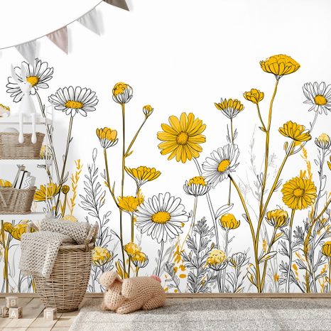 SELBSTKLEBENDE FOTOTAPETE GELBE WIESENBLUMEN AUF WEISS - TAPETEN MIT BLUMENMOTIVEN - TAPETEN