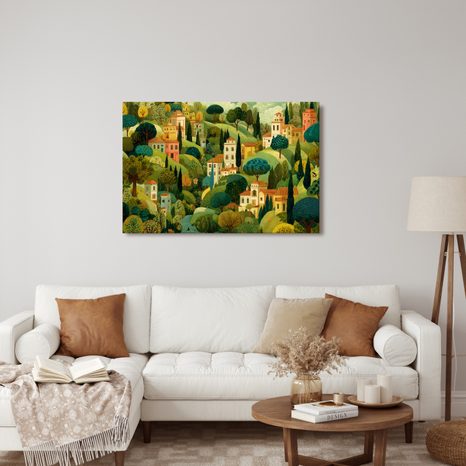 WANDBILD MALERISCHE LANDSCHAFT MIT HÄUSERN - BUNTE HÄUSER - BILDER