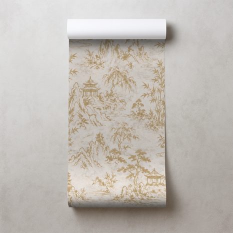 TAPETA BÉŽOVO ZLATÁ ORIENTÁLNÍ KRAJINA S PAGODAMI - TAPETY FENG SHUI - TAPETY
