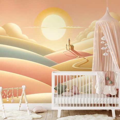 TAPETA PASTELOVÁ KRAJINA S KOSTELEM - TAPETY POLE A LOUKY - TAPETY