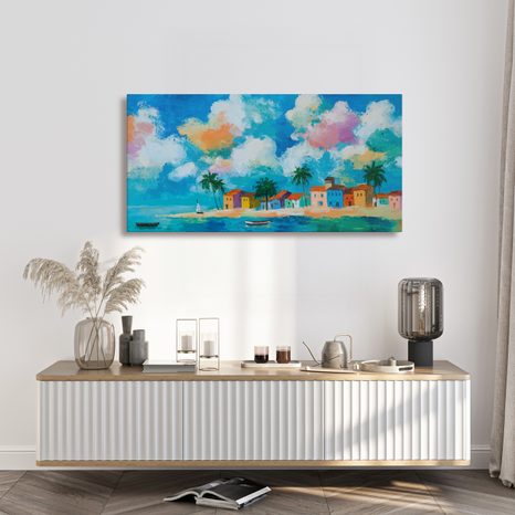 WANDBILD TROPISCHES PARADIES MIT SEGELBOOT - BUNTE HÄUSER - BILDER