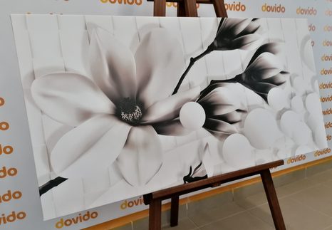 QUADRO SU TELA – MAGNOLIA IN BIANCO E NERO CON ELEMENTI ASTRATTI - QUADRI BIANCO E NERO - STAMPE E QUADRI