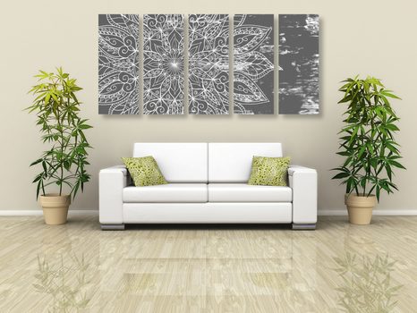 5-RÉSZES KÉP MANDALA ELEME FEKETE FEHÉRBEN - FEKETE-FEHÉR KÉPEK - KÉPEK