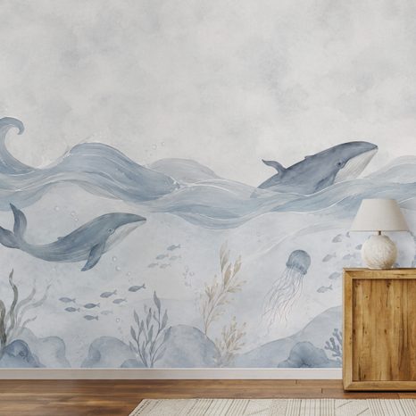 ZELFKLEVEND FOTOBEHANG ZACHTE WALVISSEN ONDER WATER - FOTOBEHANG ZEELEVEN - FOTOBEHANG