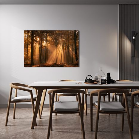 TABLEAU SUR TOILE – RAYONS DORÉS DANS LA FORÊT - TABLEAUX FORÊT - TABLEAUX