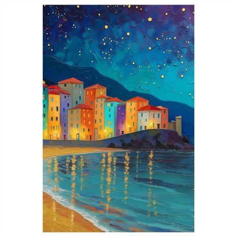 OBRAZ MĚSÍČNÍ ZÁŘE NAD MĚSTEM - BAREVNÉ DOMY - OBRAZY