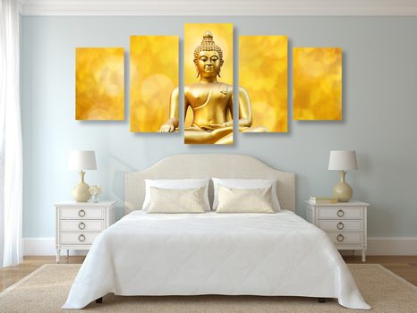 5-TEILIGES WANDBILD GOLDENE BUDDHA-STATUE - BILDER MIT FENG SHUI-MOTIVEN - BILDER