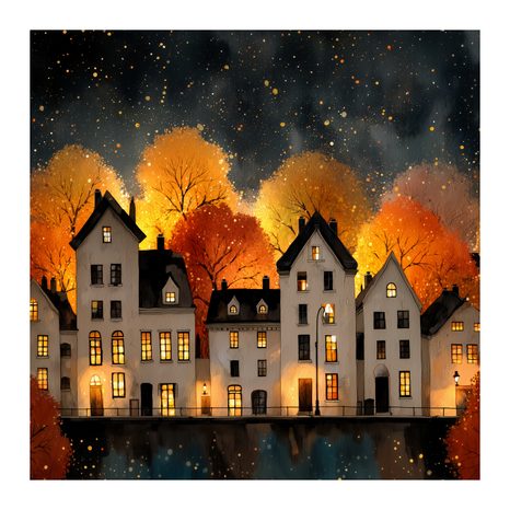 WANDBILD FESTLICH BELEUCHTETE HÄUSER BEI NACHT - BUNTE HÄUSER - BILDER