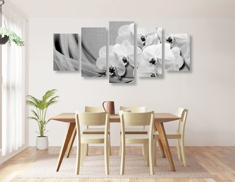 TABLOU 5-PIESE ORHIDEE PE O PÂNZĂ ÎN DESIGN ALB-NEGRU - TABLOURI ALB-NEGRU - TABLOURI