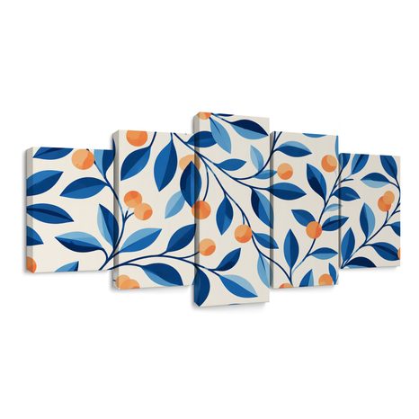 TABLEAU EN 5 PARTIES – BRANCHES BLEUES AUX FRUITS - TABLEAUX ARBRES ET FEUILLES - TABLEAUX