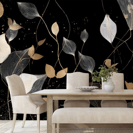 SAMOLEPIACA FOTOTAPETA ZLATÉ A BIELE LISTY NA ČIERNEJ - TAPETY LISTY - TAPETY