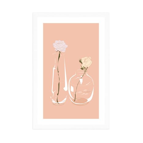 PLAKÁT S PASPARTOU MINIMALISTICKÉ KVĚTINY VE VÁZE - VÁZY - PLAKÁTY