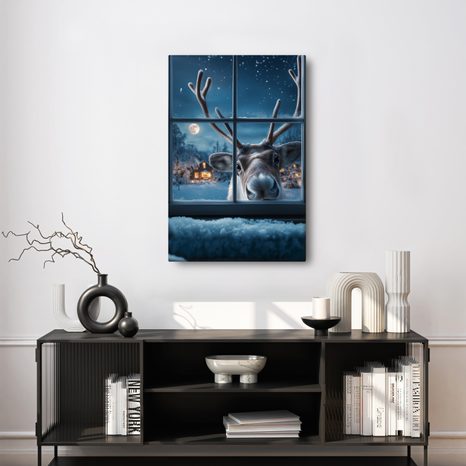 VÁNOČNÍ OBRAZ ROZTOMILÝ SOB ZA ZASNĚŽENÝM OKNEM - VÁNOČNÍ A ZIMNÍ OBRAZY - PICTURES