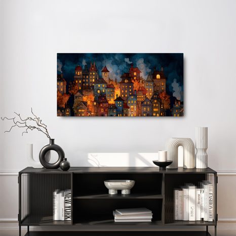 OBRAZ KOUZELNÁ ZIMNÍ NOC VE MĚSTĚ - BAREVNÉ DOMY - OBRAZY