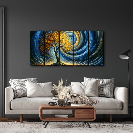 5-DÍLNÝ OBRAZ ZLATÝ STROM ŽIVOTA VE VÍRU NOCI - OBRAZY STROMY ŽIVOTA - OBRAZY
