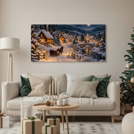CANVASTAVLA SNÖTÄCKT BERGSBY OM NATTEN - JUL- OCH VINTERTAVLOR - TAVLOR