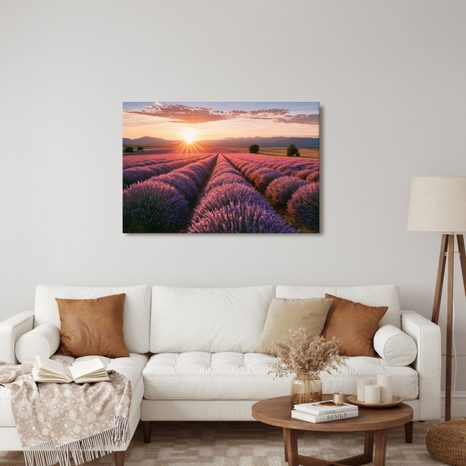 TABLEAU SUR TOILE – SOLEIL AU-DESSUS D’UN CHAMP DE LAVANDE - TABLEAUX DE CHAMPS ET PRAIRIES - TABLEAUX