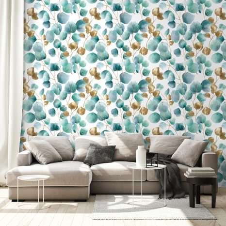 SAMOLEPÍCÍ FOTOTAPETA ZLATÉ A TYRKYSOVÉ LISTY - TAPETY PODLE MOTIVU - TAPETY