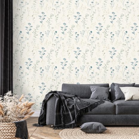 FOTOTAPETA JEMNÉ MODRÉ KVÍTKY NA BÉŽOVÉ - VZOROVANÉ TAPETY - TAPETY