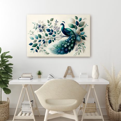 QUADRO SU TELA – PAVONE ELEGANTE TRA LE FOGLIE - QUADRI DEL PAVONE - STAMPE E QUADRI