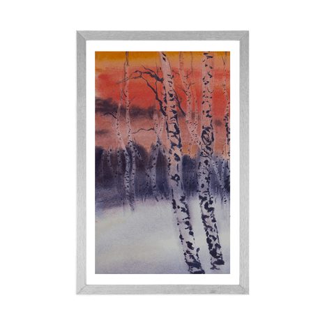 AFFICHE AVEC PASSE-PARTOUT – BOSQUET DE BOULEAUX AU COUCHER DU SOLEIL - NATURE - AFFICHES